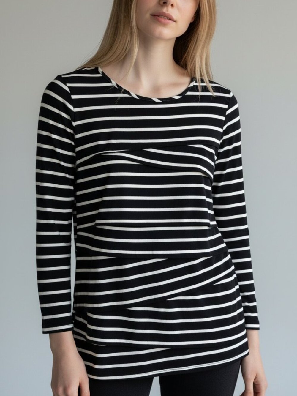 Cupio Black & White Striped Lined Knit Shirt Asymmetric Cross Front Size Large